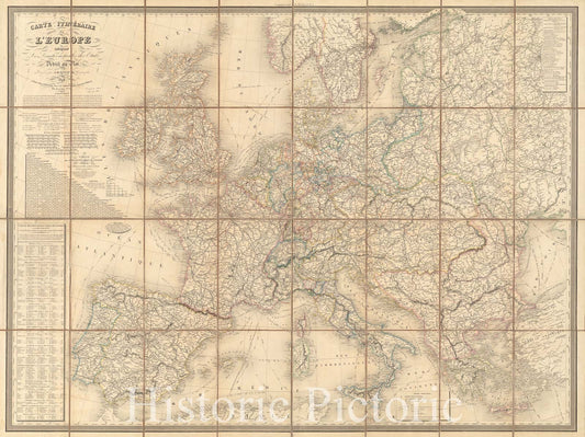 Historical Map, 1848 Carte itineIraire de l'Europe indiquant les limites actuelles des etats : deIdieIe au Roi, Vintage Wall Art