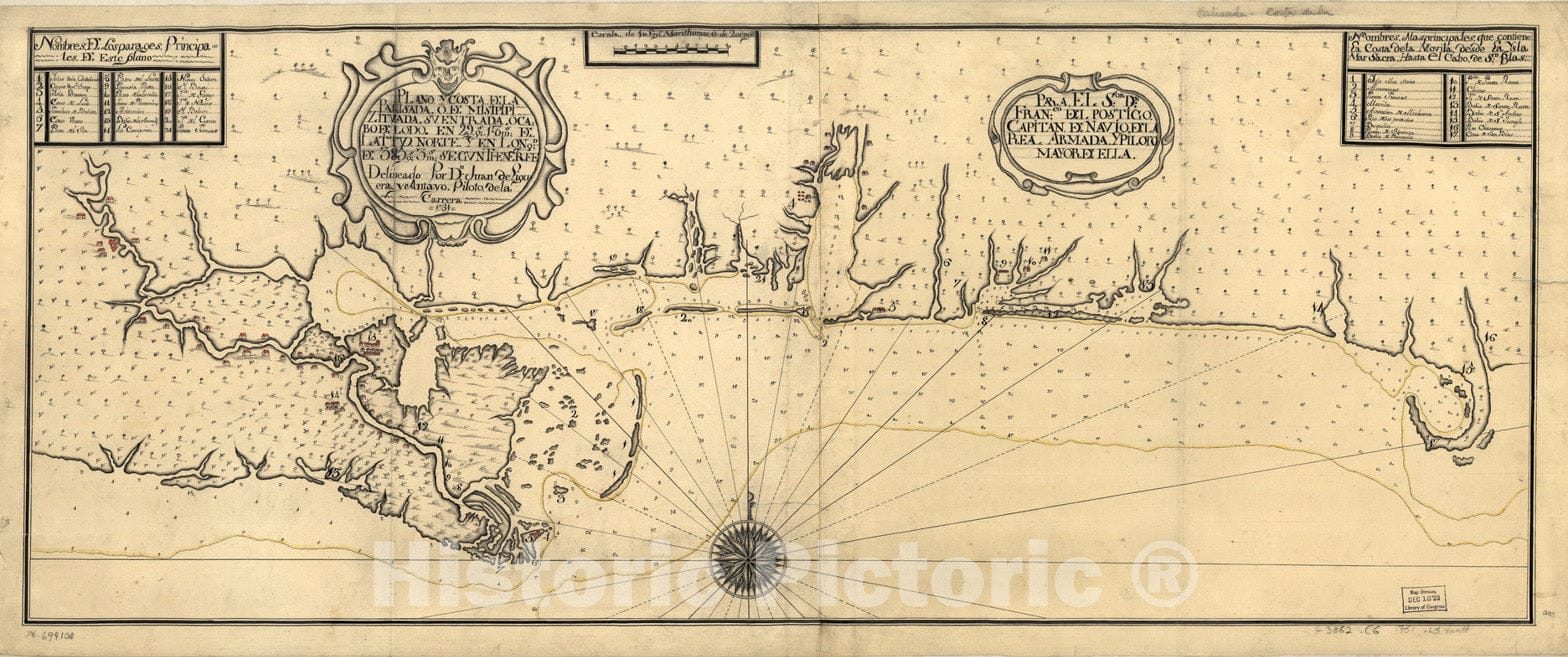 Historical Map, 1751 Plano y Costa de la Palisada o de Misipipi zituada, Vintage Wall Art