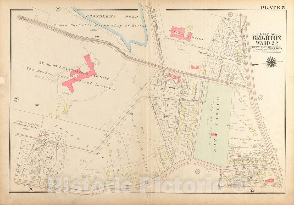 Historical Map, 1925 Atlas of The City of Boston, Brighton : Plate 5, Vintage Wall Art