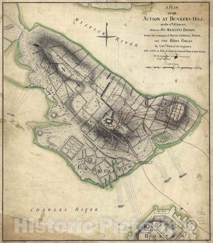 Historical Map, 1775 A Plan of the action at Bunkers-Hill, on the 17th. of June, 1775 : between His Majesty's troops under the command of Major General Howe, and the rebel forces, Vintage Wall Art