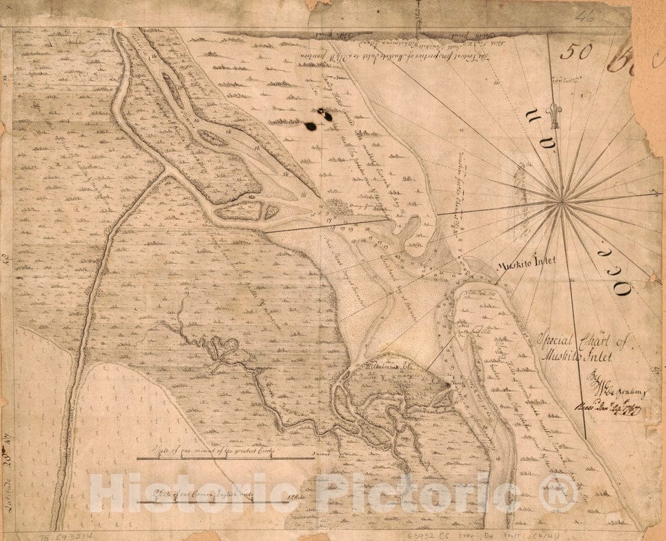 Historical Map, 1765 Special Chart of Muskito Inlet, Vintage Wall Art