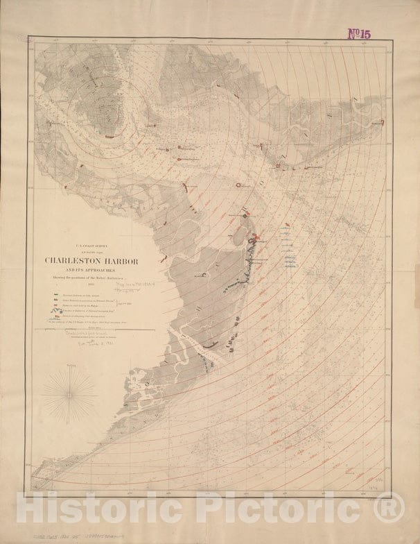 Historical Map, 1863 Charleston Harbor and its approaches Showing The Positions of The Rebel Batteries, Vintage Wall Art : 5133365