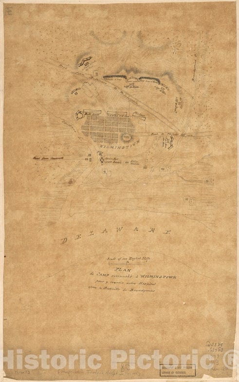 Historical Map, 1777 Plan du Camp retrancheI' a Wilmington Pour y couvrir Notre Hospital Apres la Battaille de Brandywine, Vintage Wall Art