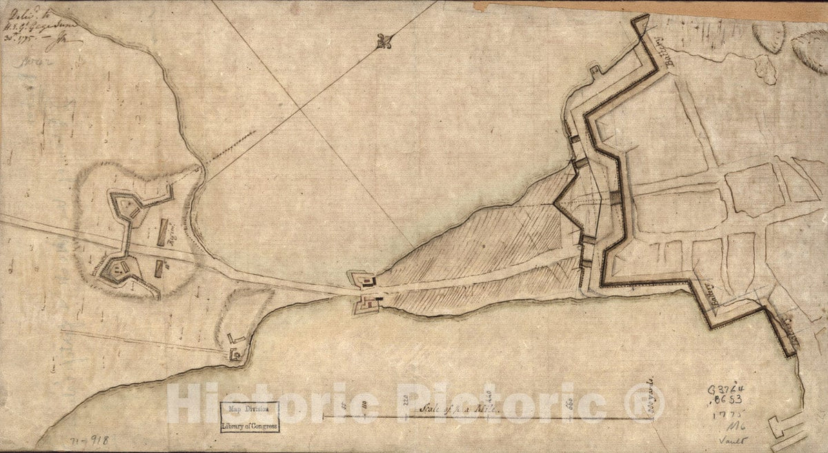 Historical Map, [Plan of the 'Neck' and fortifications] : Delivd. to H.E. Gl. Gage, June 30th. 1775.-J.M, Vintage Wall Art