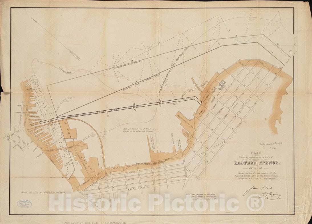 Historical Map, Plan Showing approximate Location of Eastern Avenue : Sept. 18th 1861, Vintage Wall Art