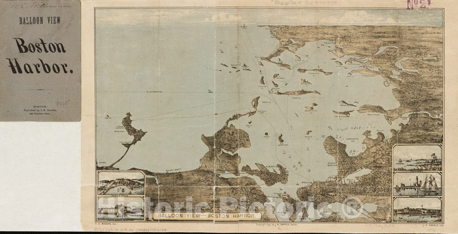Historical Map, ca. 1879 Balloon view-Boston Harbor, Vintage Wall Art