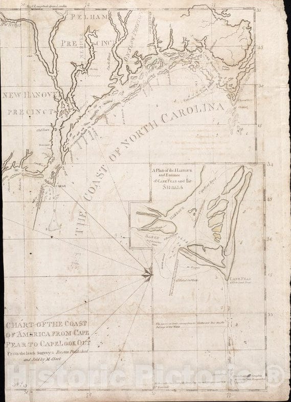 Historical Map, 1790 Chart of The Coast of America from Cape Fear to Cape Look Out, Vintage Wall Art