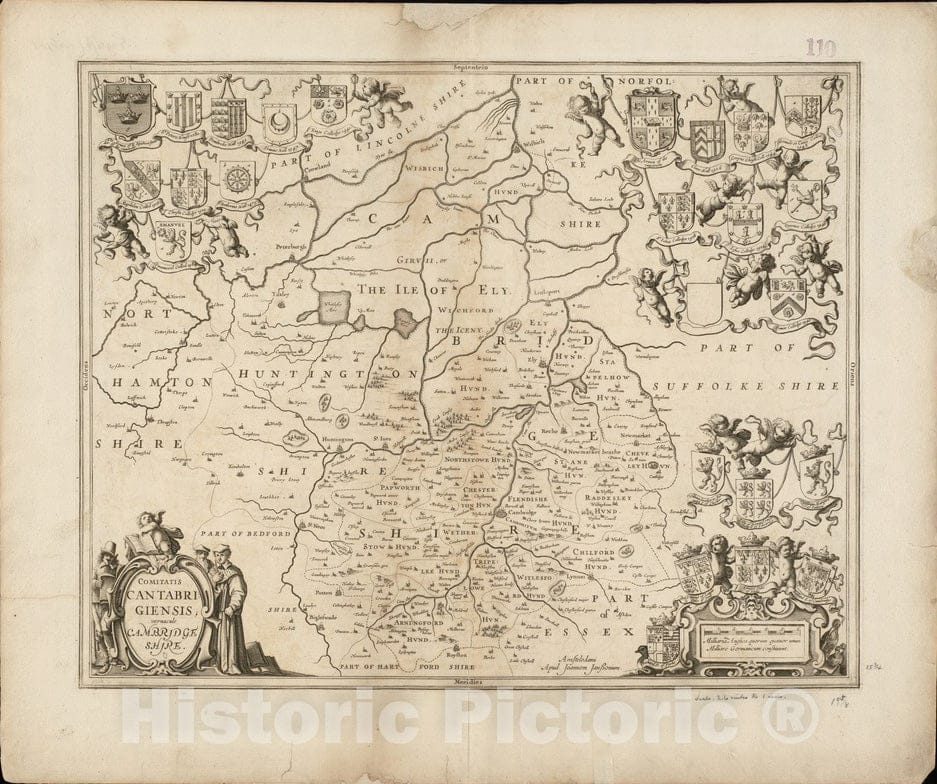 Historical Map, 1646-1680 Comitatis Cantabrigiensis : vernacule Cambridge Shire, Vintage Wall Art