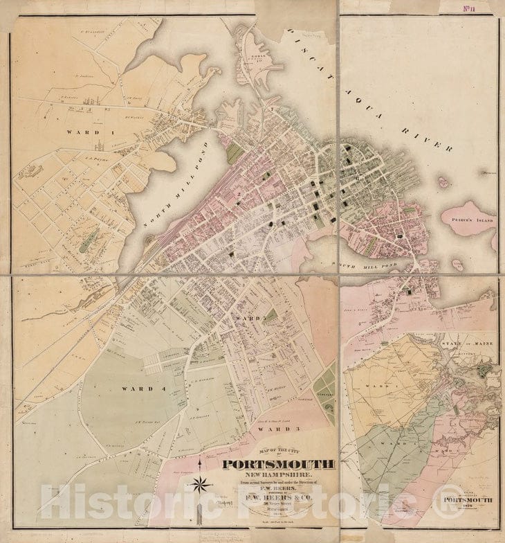 Historical Map, 1876 Map of The City of Portsmouth New Hampshire, Vintage Wall Art