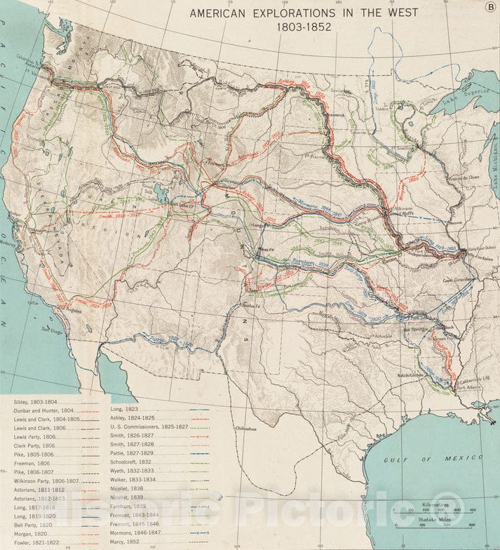 Historical Map, American explorations in The West, 1803-1852, Vintage Wall Art
