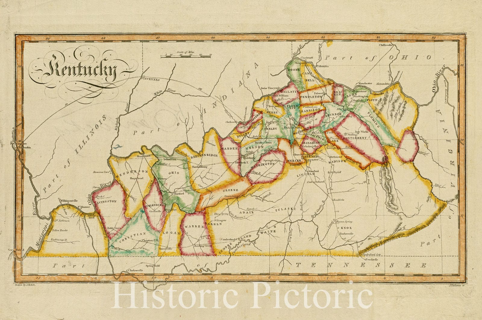 Historical Map, 1812 Kentucky, Vintage Wall Art