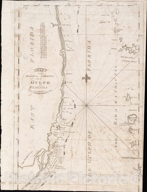 Historical Map, 1790 Chart of the coast of America thro' the Gulph of Florida, Vintage Wall Art
