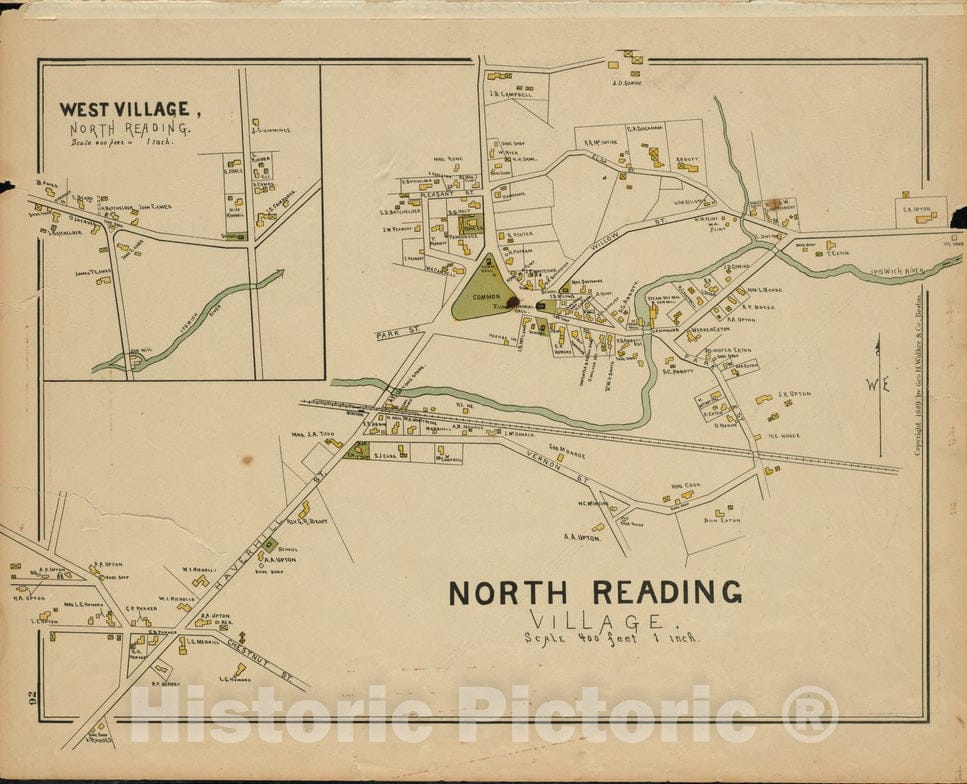 Historical Map, (c) 1889 North Reading Village, Vintage Wall Art