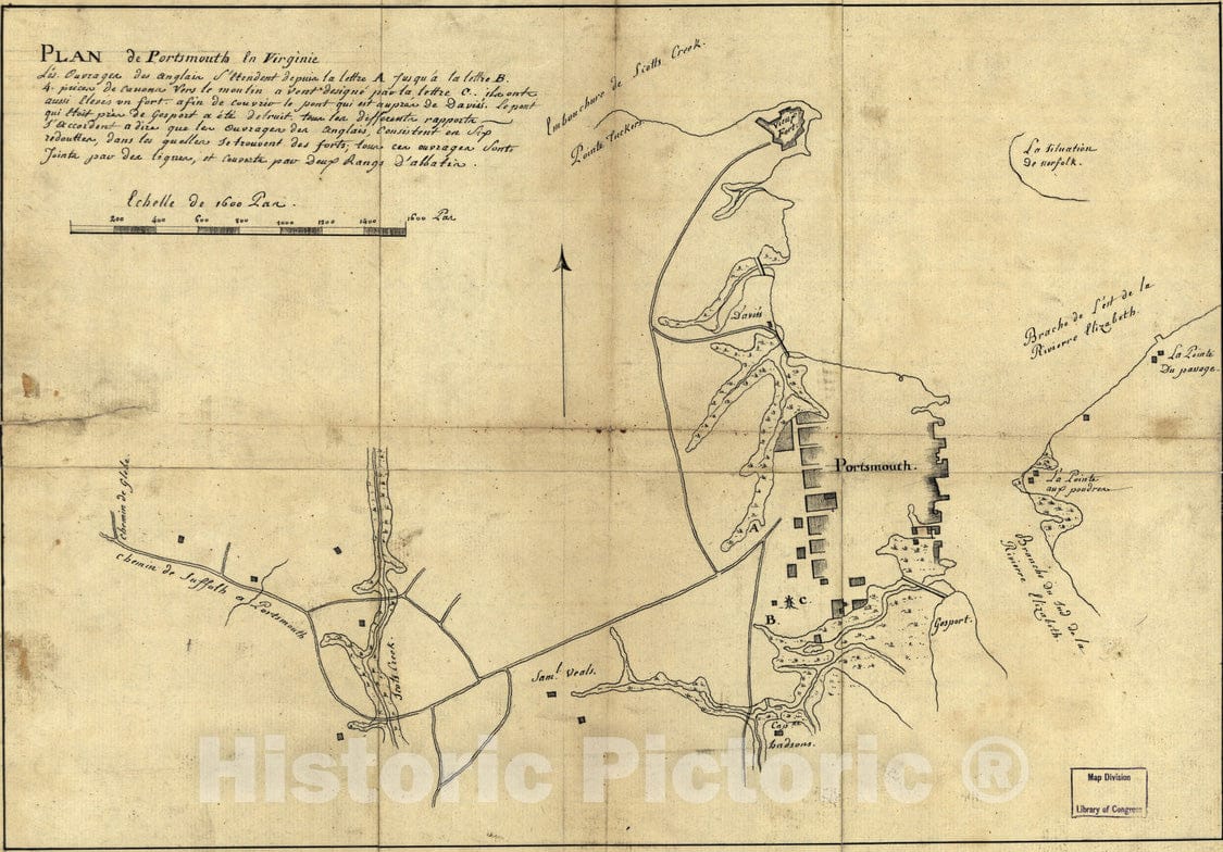 Historical Map, 1781 Plan de Portsmouth en Virginie, Vintage Wall Art