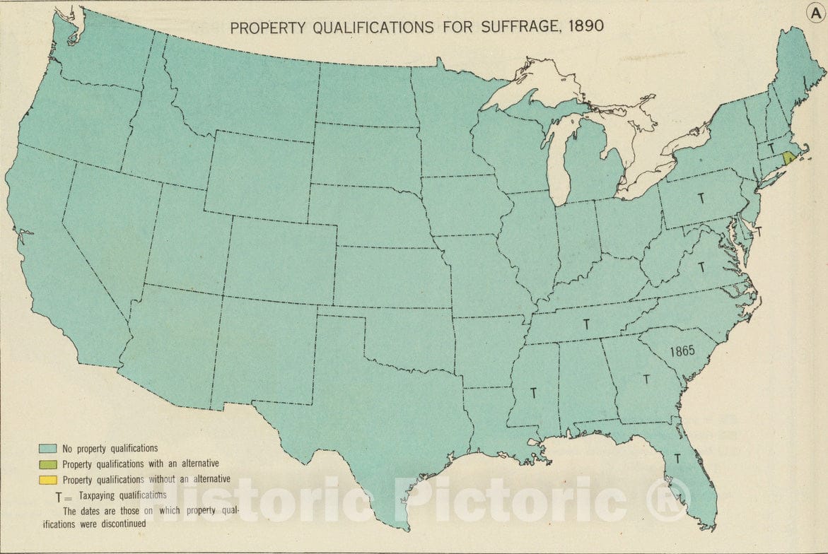 Historical Map, Property qualifications for Suffrage, 1890, Vintage Wall Art