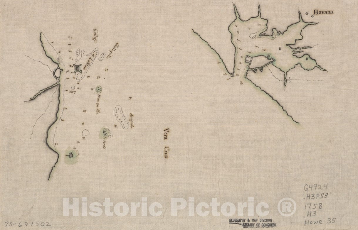 Historical Map, 1758 Havana : Vera Cruz, Vintage Wall Art