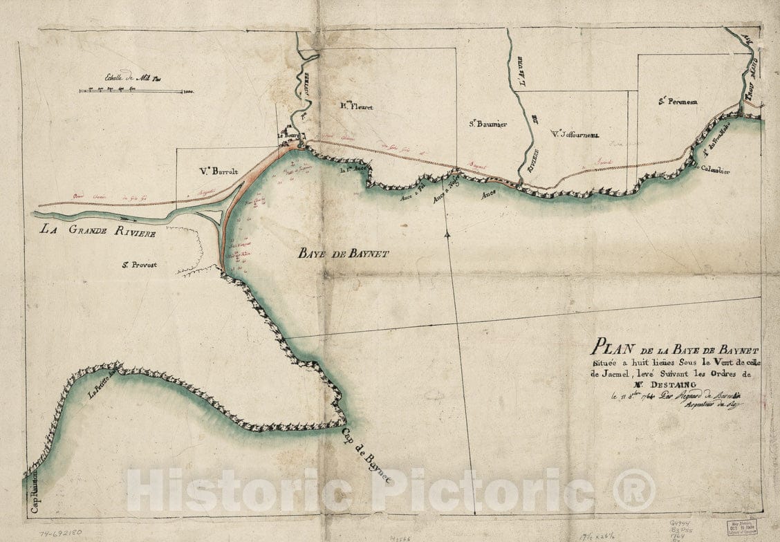 Historical Map, 1764 Plan de la Baye de Baynet : situeeI a hiut leiues Sous le Vent de Celle de Jacmel, leveI suivant les ordres de Mr. d'Estaing le 11 Ocbre. 1764, Vintage Wall Art