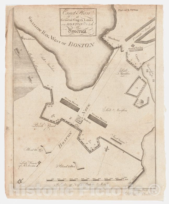 Historical Map, 1775 Exact Plan of General Gage's lines on Boston Neck in America, Vintage Wall Art : 5133504