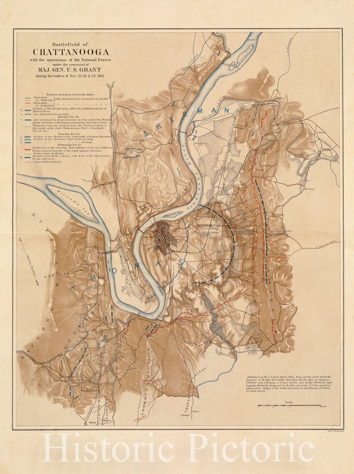 Historical Map, 1863 Battlefield of Chattanooga Under The Command of Maj. Gen. U.S. Grant During The Battles of Nov. 23, 24, 25, 1863, Vintage Wall Art : 5133506