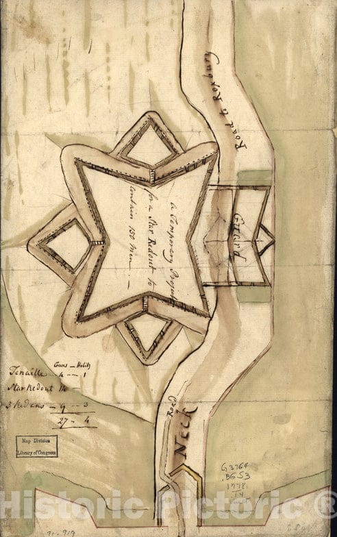 Historical Map, 1778 A Temporary Project for a Star redout [sic] to Contain 150 Men, Vintage Wall Art