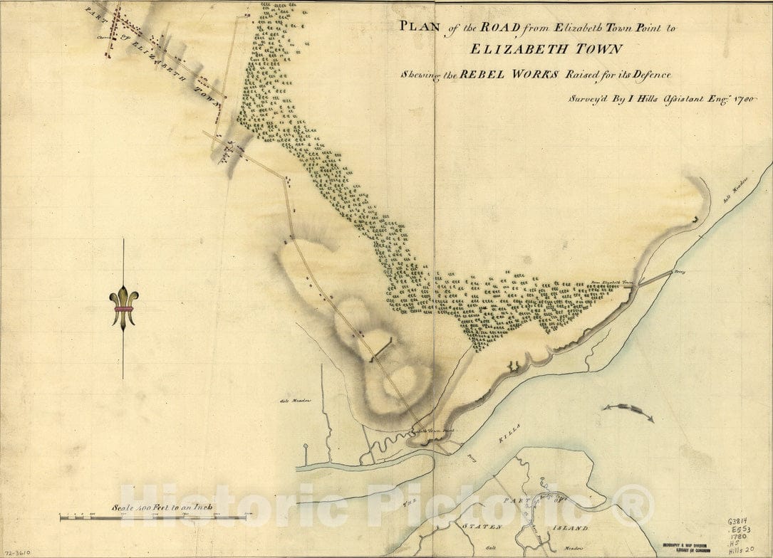 Historical Map, 1780 Plan of The Road from Elizabeth Town Point to Elizabeth Town : shewing The Rebel Works Raised for its Defence, Vintage Wall Art
