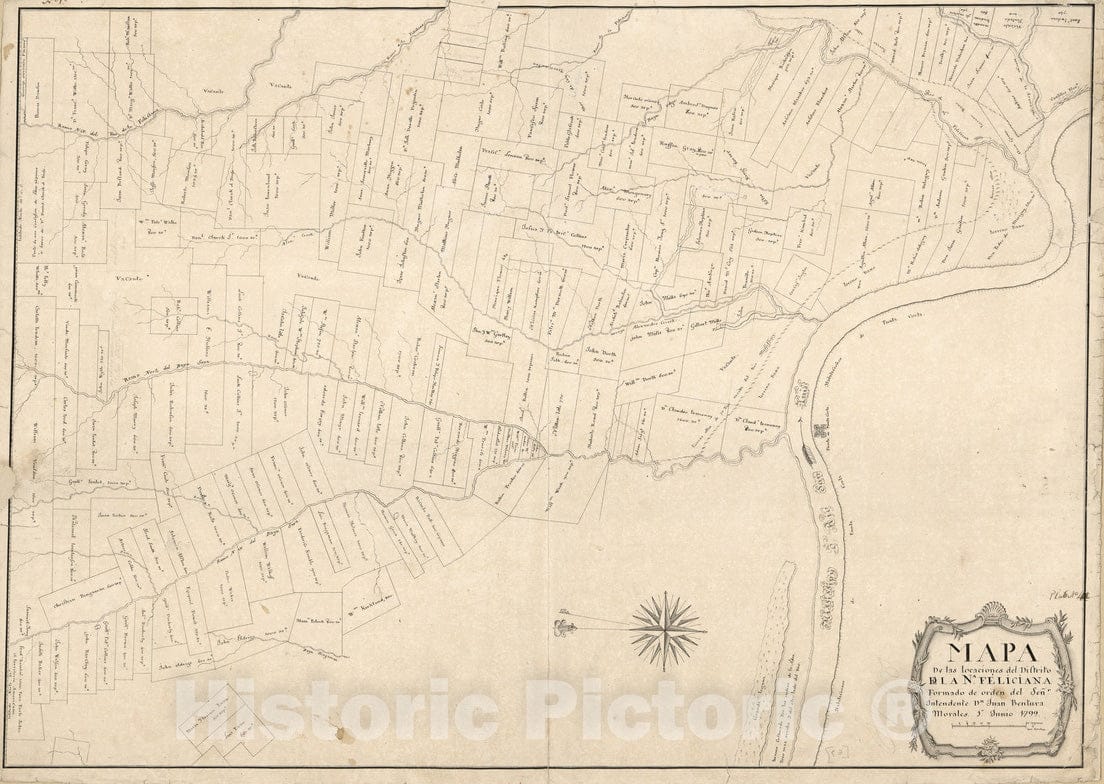 Historical Map, 1799 Mapa de las locaciones del Distrito de la Na Feliciana, Vintage Wall Art