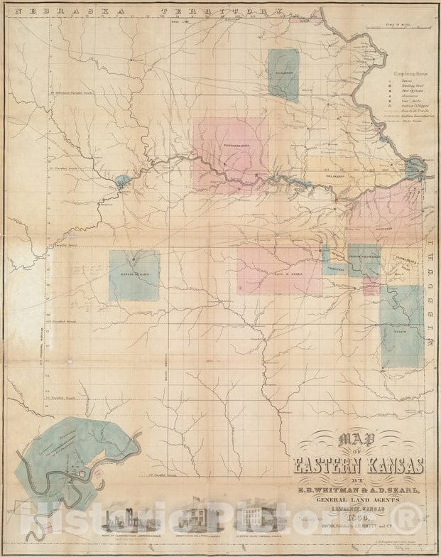 Historical Map, 1856 Map of Eastern Kansas, Vintage Wall Art