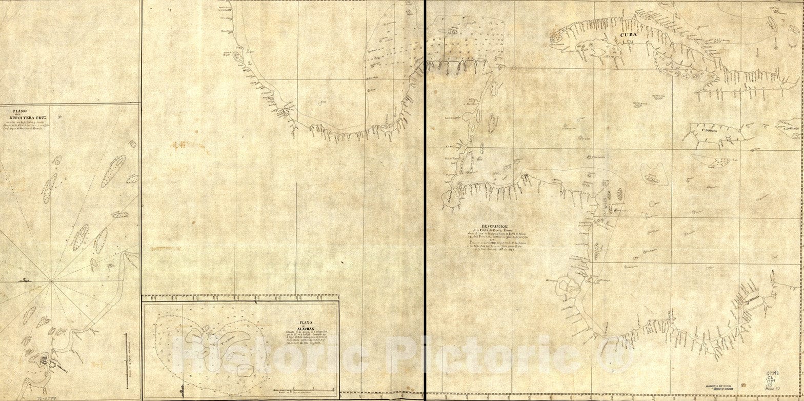 Historical Map, 1757 Descripcion de la Costa de Tierra Firme Desde el Cavo de la Agusa Hasta la Barra de Palmas diga de la Trinidad : Con todas las yslas, bajos, Vintage Wall Art