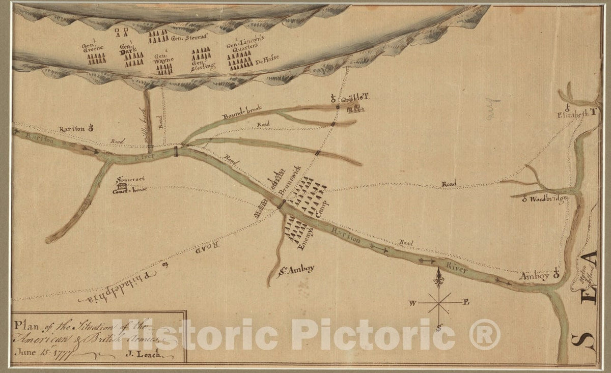 Historical Map, Plan of The Situation of The American & British Armies, June 15st 1777, Vintage Wall Art