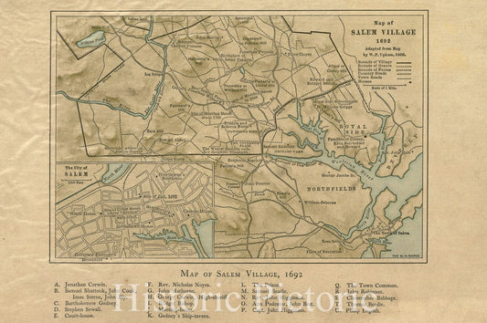Historical Map, Map of Salem Village 1692, Vintage Wall Art