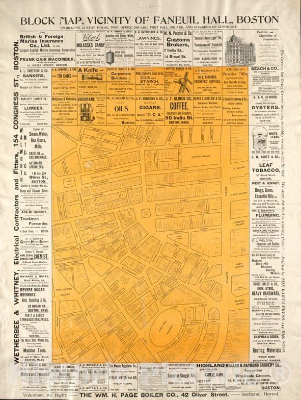 Historical Map, 1897 Block Historical Map, Vicinity of Faneuil Hall, Boston : embracing Custom House, Post Office Square, Fort Hill Square, and Chamber of Commerce, Vintage Wall Art