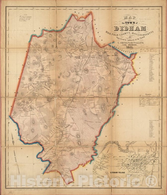 Historical Map, 1851 Map of The Town of Dedham, Norfolk County, Massachusetts, Vintage Wall Art