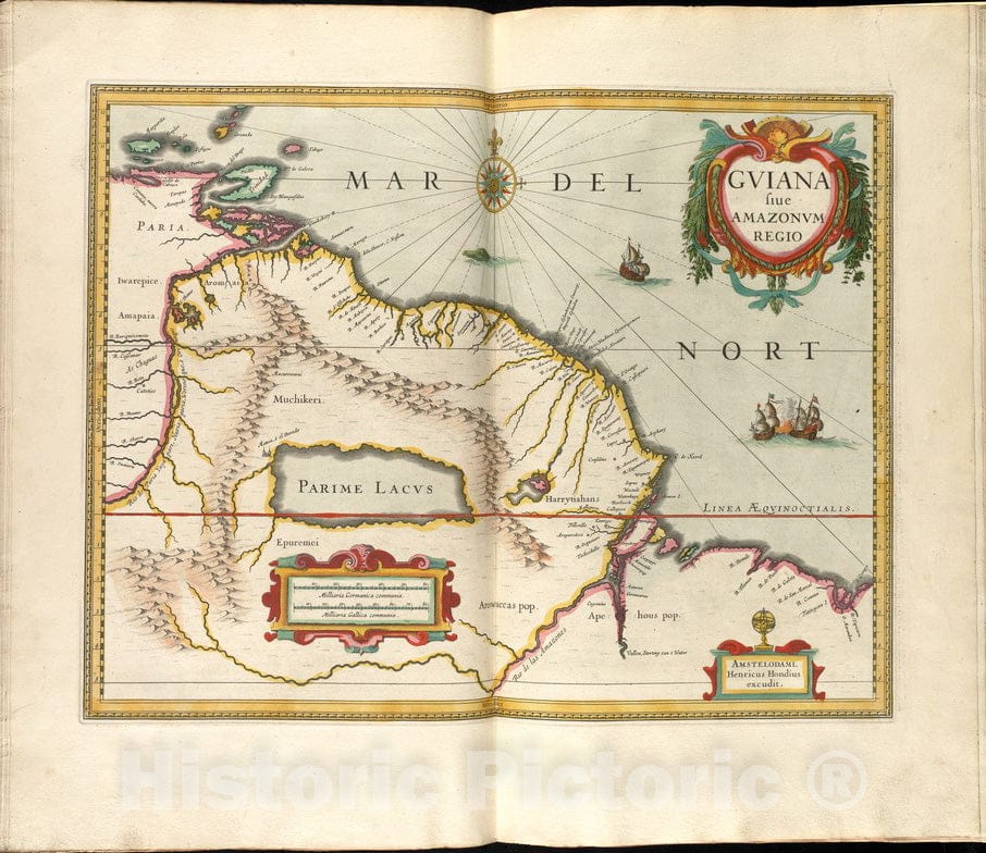 Historical Map, 1638 Guiana siue Amazonum regio, Vintage Wall Art