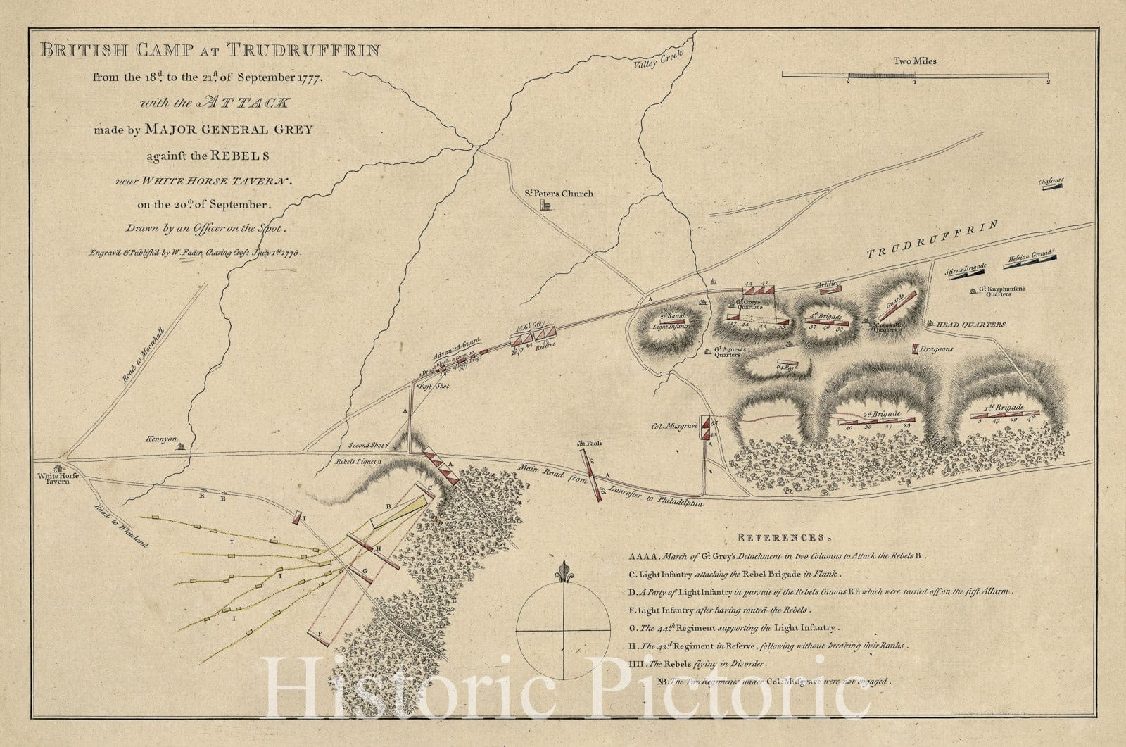 Historical Map, 1778 British camp at Trudruffrin from the 18th. to the 21st. of September 1777 : with the attack made by Major General Grey against the rebels, Vintage Wall Art
