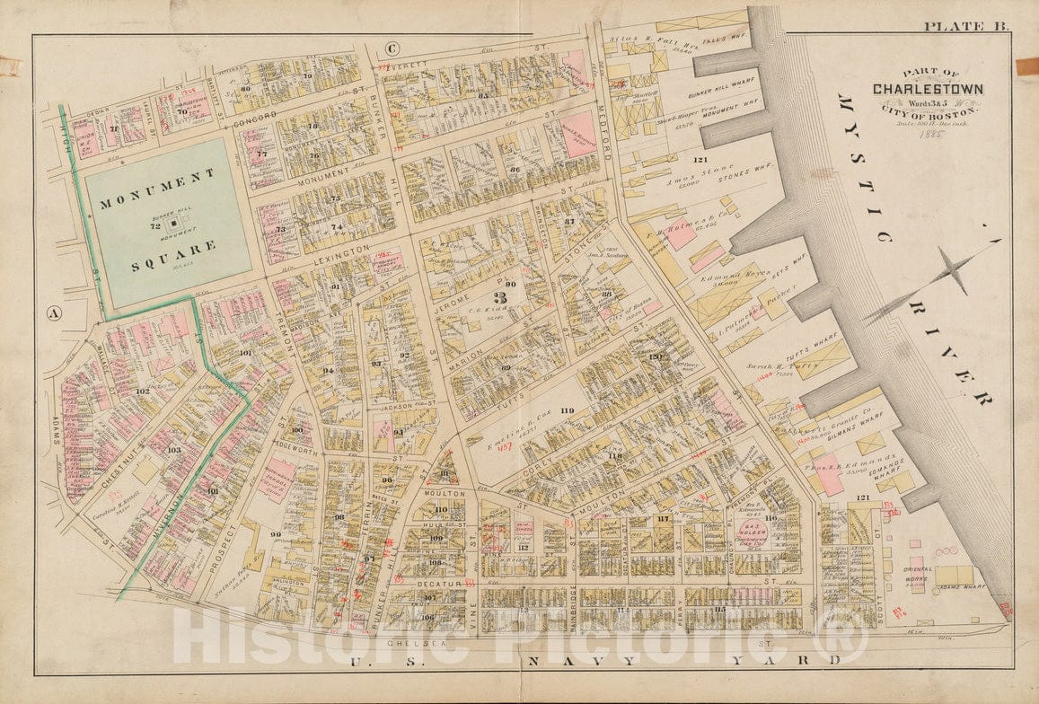 Historical Map, 1885 Atlas of The City of Boston : Charlestown and Brighton : Plate B, Vintage Wall Art