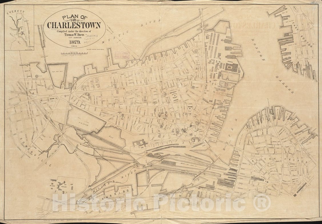 Historical Map, 1879 Plan of Charlestown, Vintage Wall Art