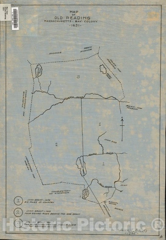 Historical Map, Map of Old Reading, Massachusetts Bay Colony, 1651, Vintage Wall Art