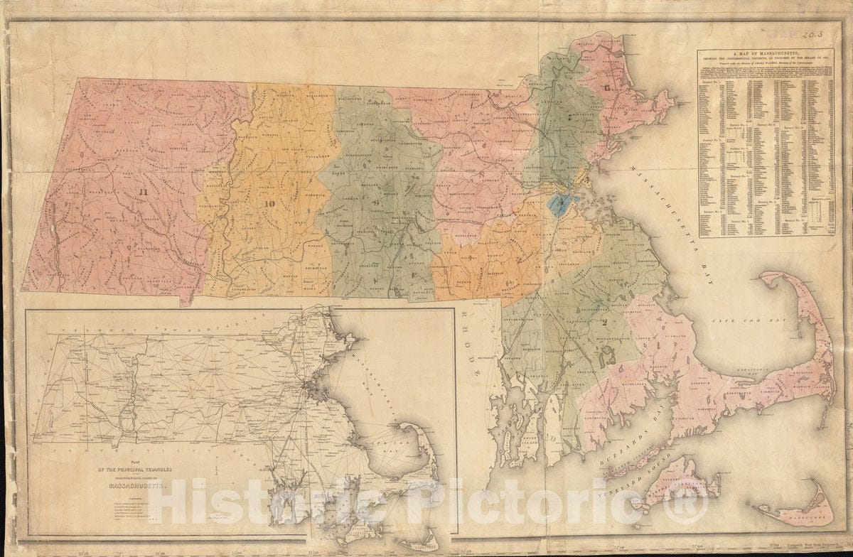 Historical Map, A map of Massachusetts, Showing The congressioanl districts, as Proposed by The Senate of 1852, Vintage Wall Art