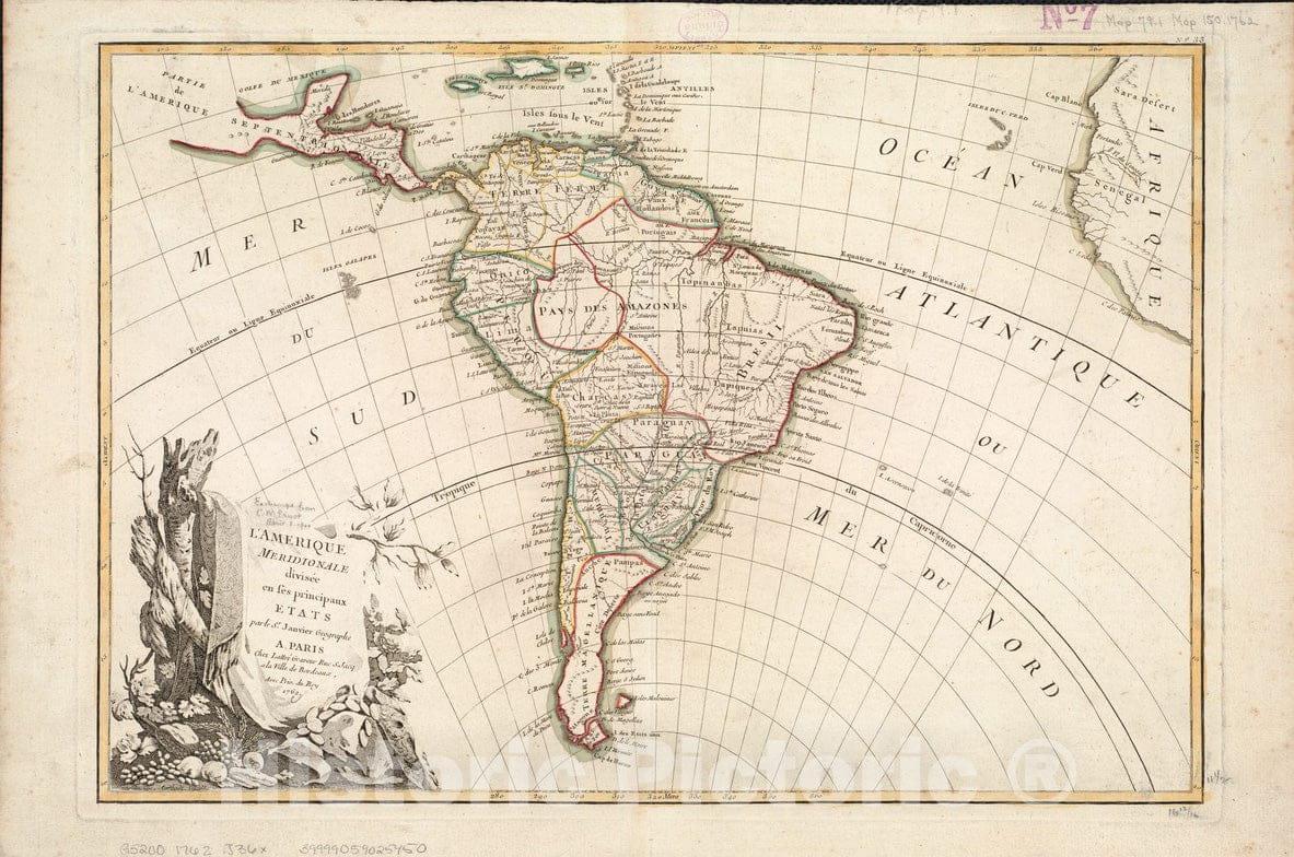 Historical Map, 1762 L'Amerique meridionale diviseIe en SES principaux etats, Vintage Wall Art