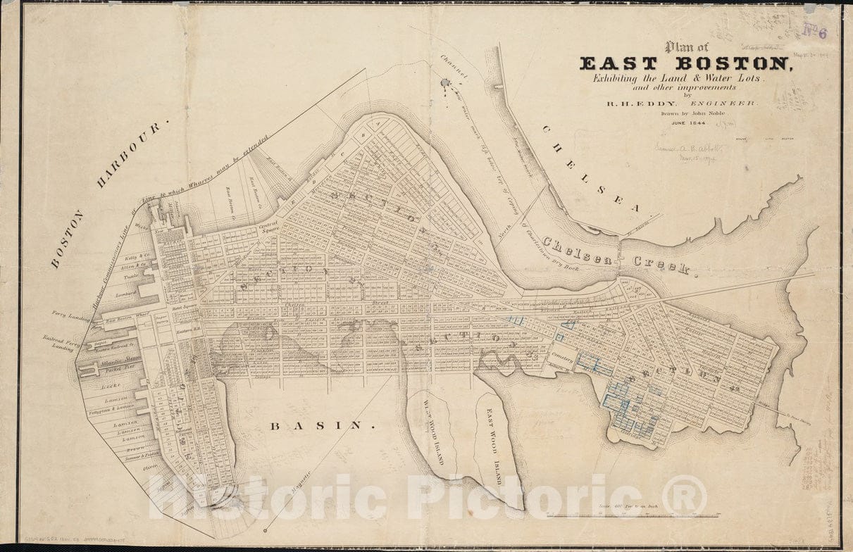 Historical Map, 1844 Plan of East Boston : exhibiting The Land & Water Lots and Other improvements, Vintage Wall Art