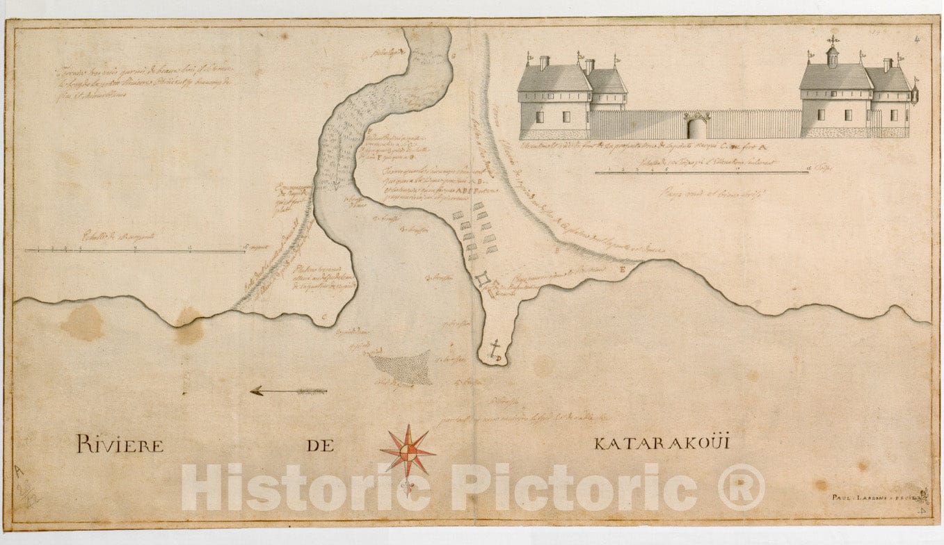 Historical Map, 1750-1760 [Map Showing The Location of Fort de la Presentation], Vintage Wall Art