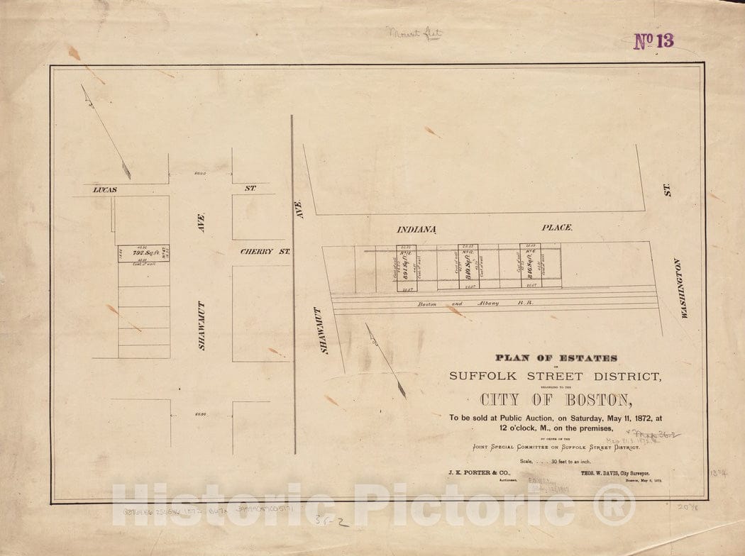 Historical Map, 1872 Plan of Estates on Suffolk Street District, Belonging to The City of Boston, to be Sold at Public Auction, on Saturday, May 11, 1872, Vintage Wall Art