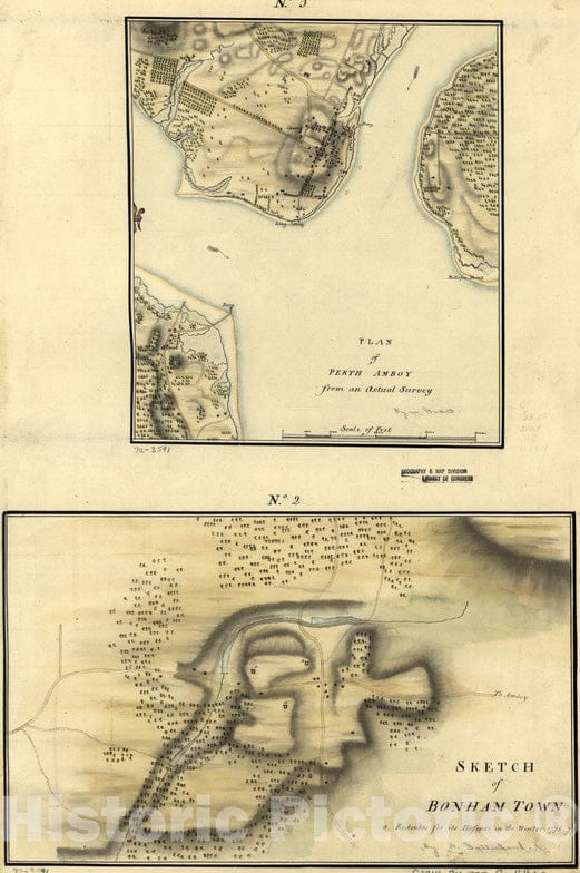Historical Map, 1777 Plan of Perth Amboy from an Actual Survey. Sketch of Bonham Town, Vintage Wall Art