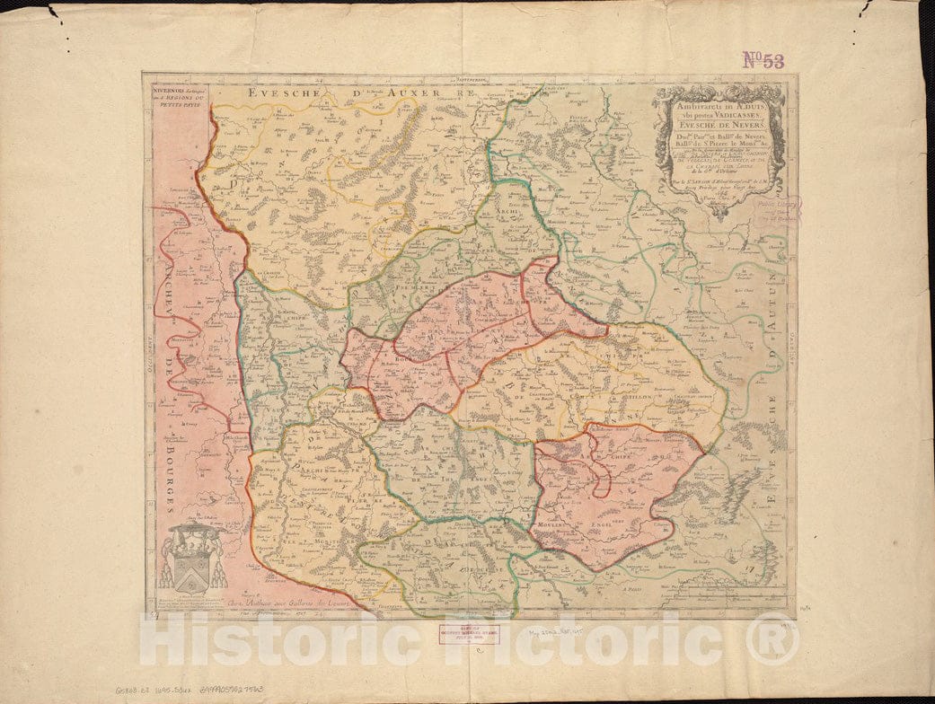 Historical Map, 1695 Ambivareti in Aeduis, ubi postea Vadicasses : EvescheI de Nevers, Vintage Wall Art