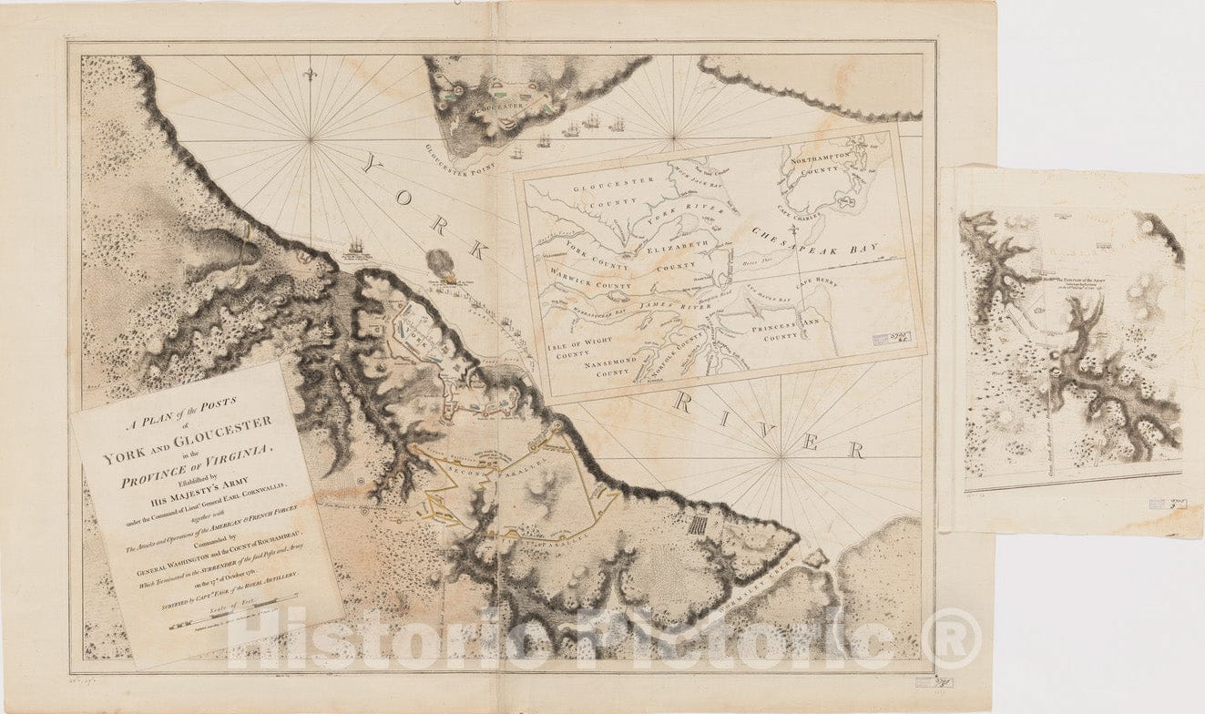 Historical Map, 1781 A Plan of The Posts of York and Gloucester in The Province of Virginia, Established by His Majesty's Army, Vintage Wall Art