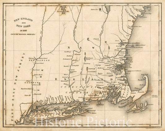 Historical Map, New England and New York in 1697, Vintage Wall Art