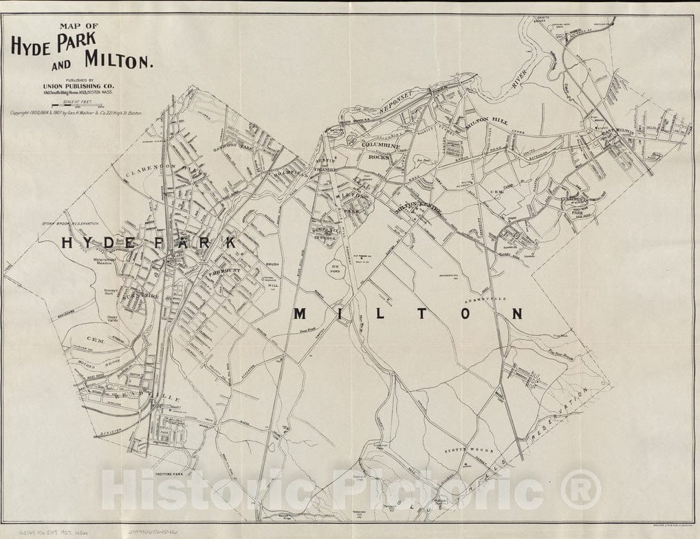 Historical Map, ca. 1907 Map of Hyde Park and Milton, Vintage Wall Art