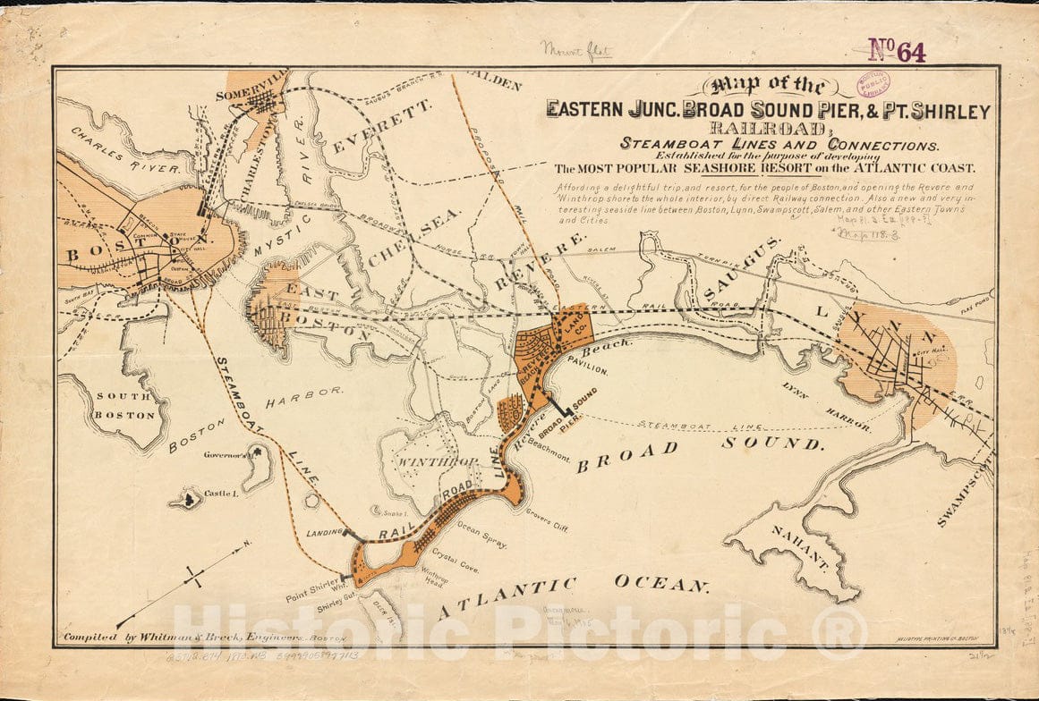 Historical Map, 1880-1889 Map of The Eastern junc. Broad Sound Pier, Pt. Shirley Railroad : Steamboat Lines and Connection, Vintage Wall Art