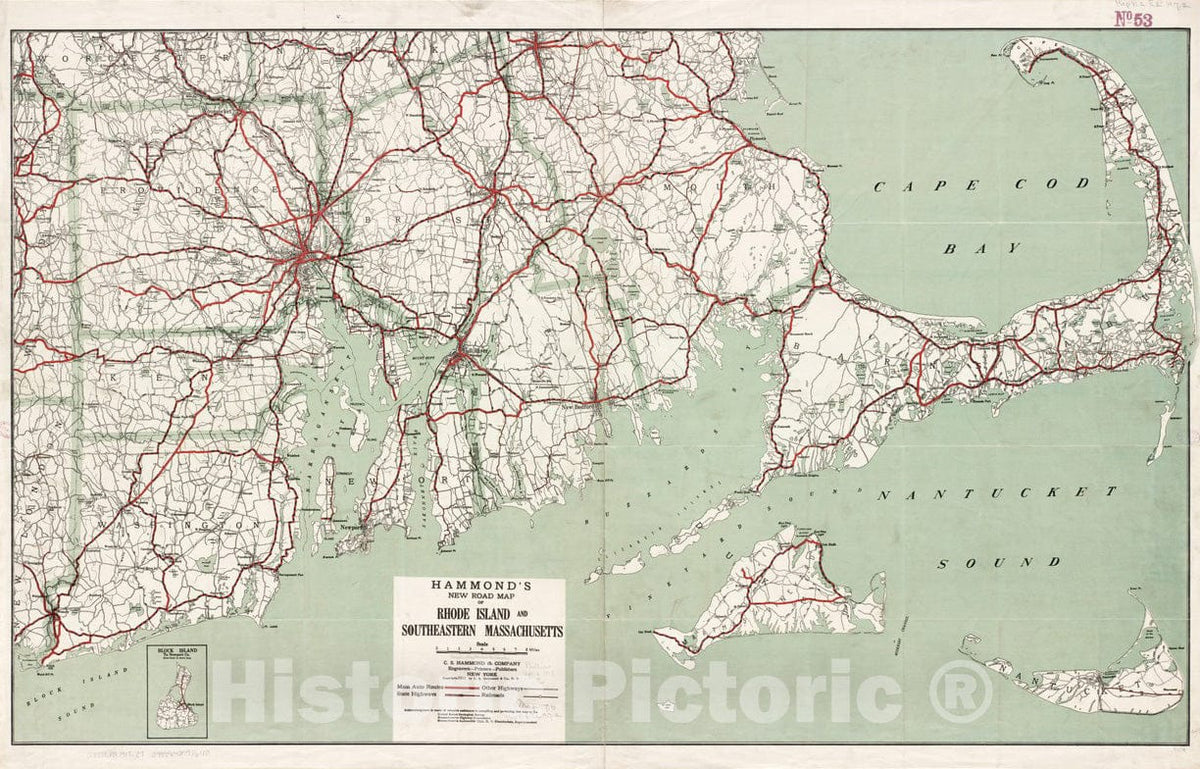 Historical Map, 1917 Hammond's New Road map of Rhode Island and Southeastern Massachusetts, Vintage Wall Art