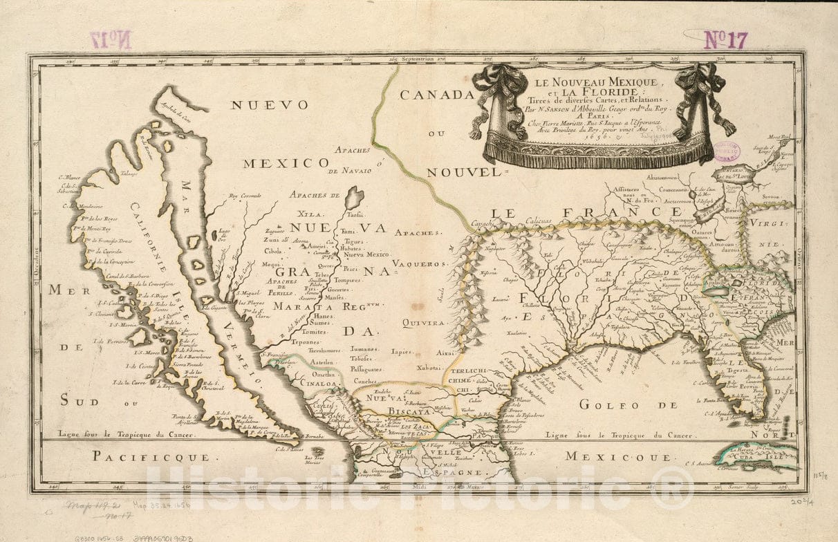 Historical Map, 1656 Le Nouveau Mexique et la Floride : tireIes de diverses cartes, et relations, Vintage Wall Art